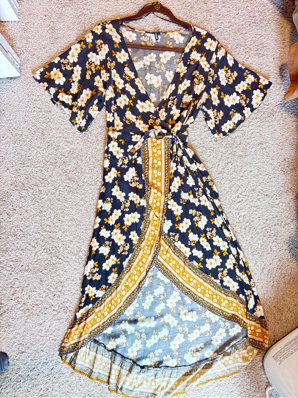 Rip Curl Black, White & Yellow Floral High-Low Wrap Dress